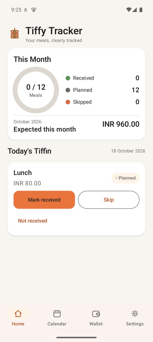 The Tiffy Tracker home screen showing today’s meal and the expected cost for this month.