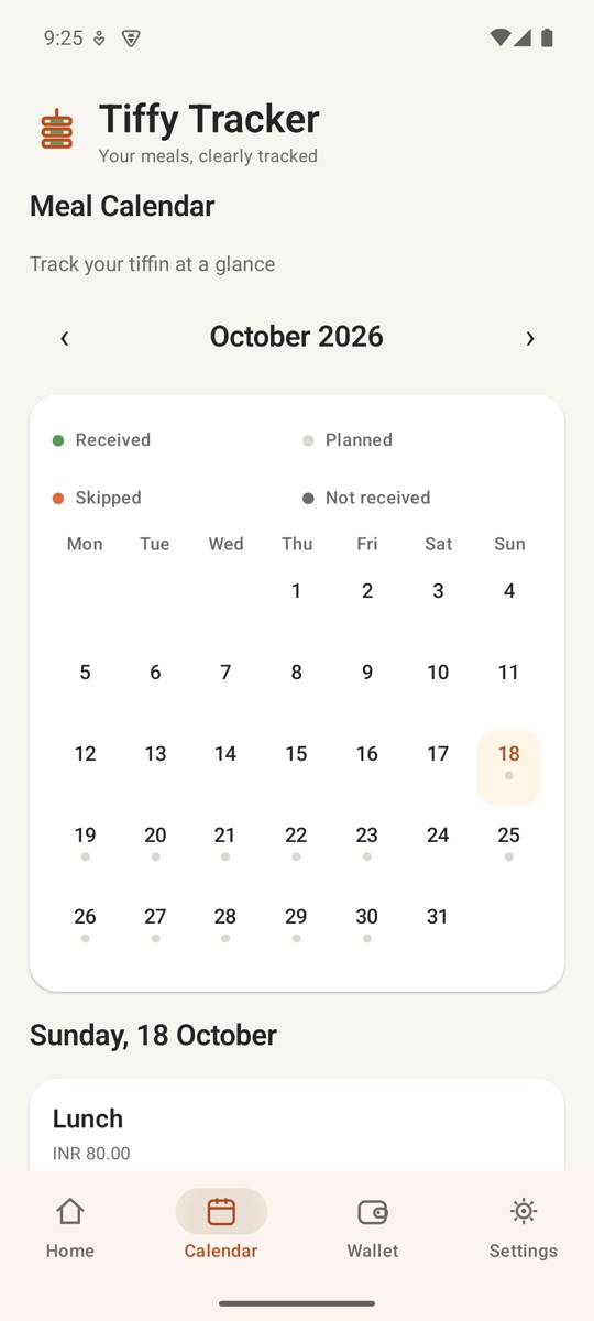 The month calendar with received, planned, skipped and not-received meals.
