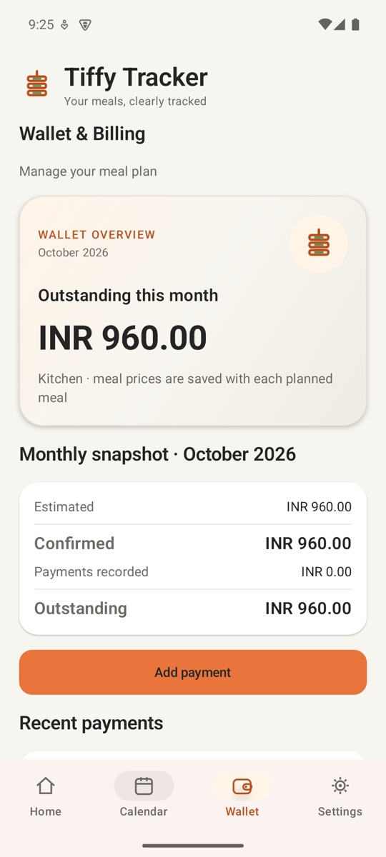 The wallet screen comparing expected costs, confirmed credits and recorded payments.